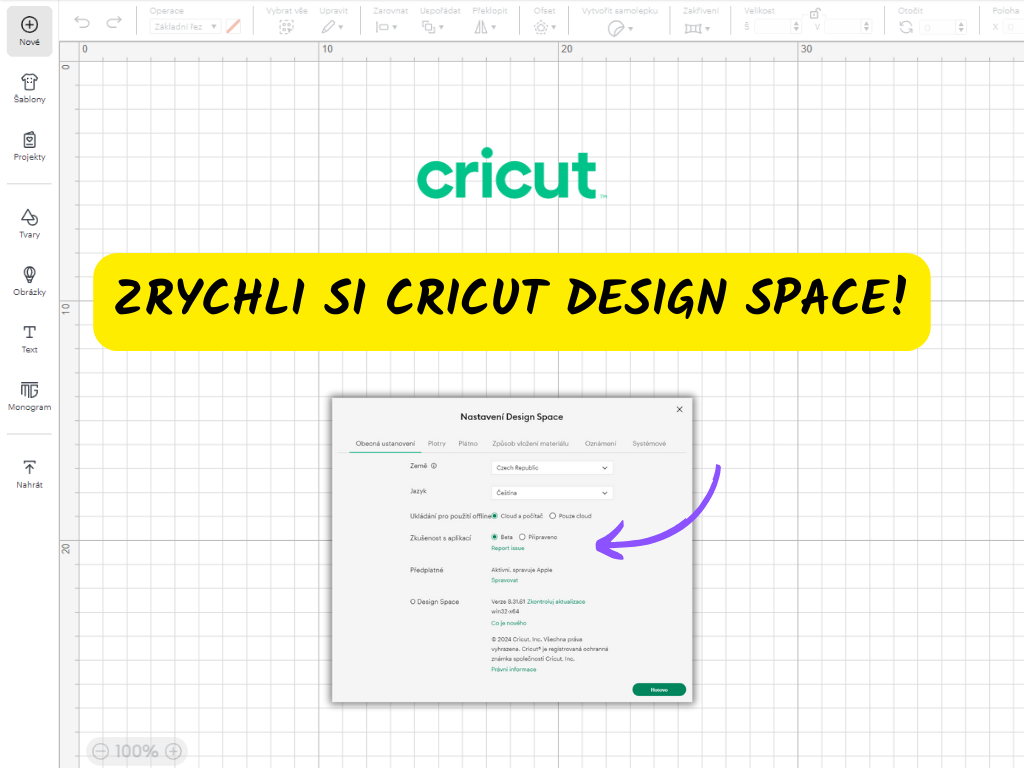 přepnutí plotrového programu Design Space do beta verze